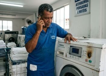 Dono de lavanderia adquire máquina de lavar seminova por R$ 14 mil para atender pousada, o painel eletrônico queima com vazamento interno de água na primeira semana e o vendedor se recusa a enviar um técnico