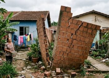 Morador levanta muro de 3 metros de altura na divisa lateral usando alvenaria simples sem colunas de sustentação, a estrutura verga com o vento forte e ameaça cair sobre a área de lazer do vizinho