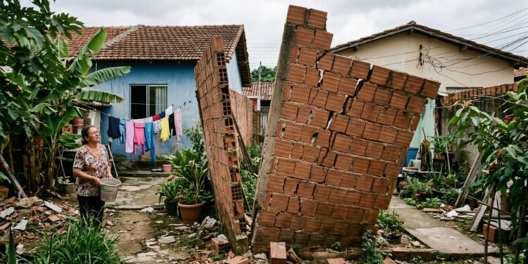 Após uma forte tempestade de vento, a parede de blocos cedeu alguns centímetros, criando uma inclinação visível sobre o lote ao lado