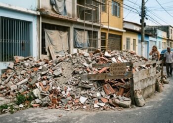 Vizinho faz reforma interna na casa, deixa montanha de entulho e restos de azulejo ocupando metade da rua e da calçada por mais de 90 dias e a vizinhança aciona a postura municipal