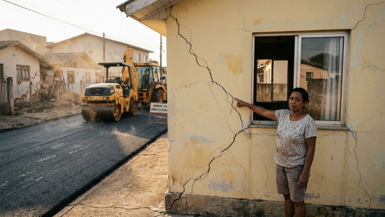 Morador tem a estrutura da casa abalada com trincas nas paredes após passagem de tratores e compactadores de solo pesados durante as obras d…