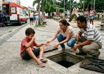 Criança tropeça e cai dentro de uma caixa de escoamento sem tampa e sem sinalização em praça municipal, sofrendo escoriações e fratura no braço; os pais acionam a Prefeitura por responsabilidade civil