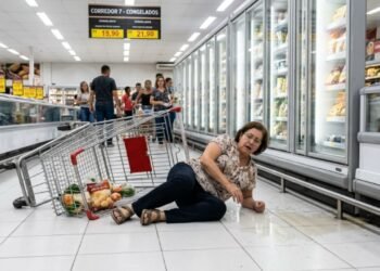 Uma mulher estava fazendo compras em um supermercado, escorregou em uma poça d’água de gelo derretido perto dos congeladores sem sinalização e fraturou o fêmur; a Justiça condena o estabelecimento em indenização