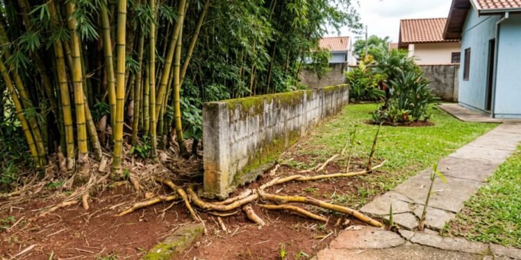 As raízes atravessaram o limite do terreno, passando por baixo do muro e causando trincas profundas na estrutura da casa vizinha