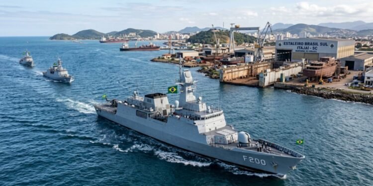 As quatro fragatas saem do mesmo lugar, o Estaleiro Brasil Sul, da TKMS, em Itajaí. É ali que Santa Catarina virou o centro da estratégia naval brasileira.