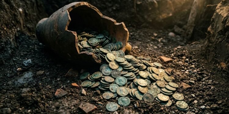 Arqueólogos na França desenterraram um jarro cheio de moedas romanas com mais de 1.800 anos.