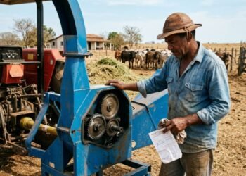 Pequeno pecuarista compra picadeira de forragem seminova por R$ 14 mil para preparar a silagem do gado no período de seca, o motor trava no segundo dia de uso devido a dentes moídos na engrenagem interna e o revendedor recusa o conserto
