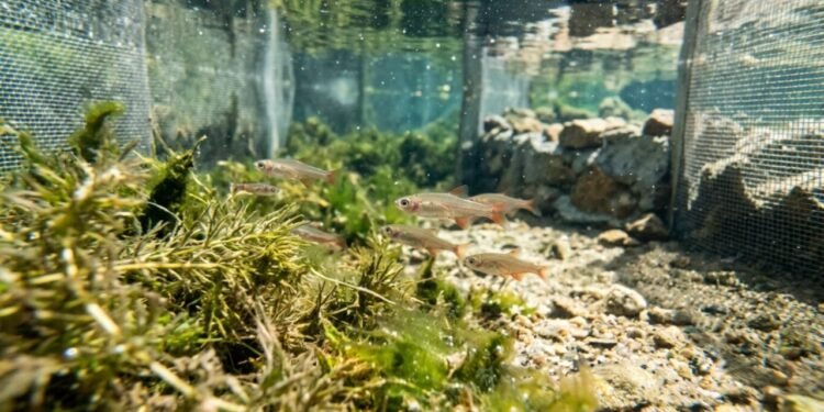 O pequeno olho-azul-de-barbatana-vermelha, conhecido pelo nome científico Scaturiginichthys vermiipinnis, mede apenas três centímetros de comprimento na fase adulta