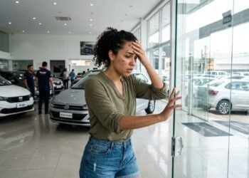 Cliente caminha em direção à saída de uma concessionária de veículos, colide contra uma porta de vidro transparente sem nenhum adesivo reflexivo de aviso e sofre cortes no rosto
