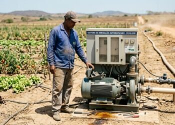 Produtor de hortaliças adquire sistema de irrigação automatizado seminovo por R$ 60 mil para enfrentar a estiagem, a bomba central trava na primeira semana por vício oculto no motor e o fornecedor se recusa a dar suporte