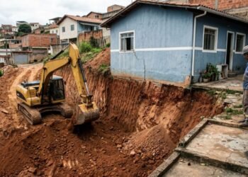 Morador contrata escavadeira para rebaixar o nível do terreno e fazer garagem no subsolo sem construir muro de arrimo imediato, o solo do terreno vizinho cede e racha a piscina ao lado