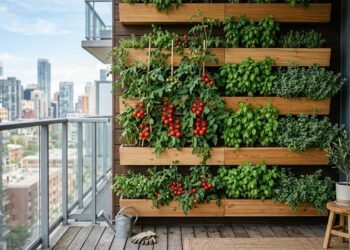 Essa horta temática de varanda inclui tomates, manjericão e orégano: de cultivo simples, o canteiro vertical enriquece o sabor dos seus pratos