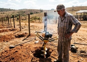 Chacareiro adquire perfurador de solo seminovo por R$ 3.200 para instalar 200 mourões de cerca, a broca trava no primeiro buraco e queima a embreagem centrifuga por defeito maquiado na venda; o revendedor recusa a garantia e o comprador aciona a Justiça para cancelar o negócio