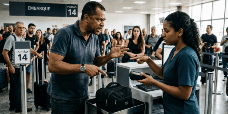 Ao embarcar em uma viagem nacional, Felipe foi impedido de levar sua mala de mão na cabine, mesmo estando dentro dos limites de peso (10 kg) e dimensões regulamentados; a empresa aérea exigiu o pagamento de taxa de despachante na porta do avião