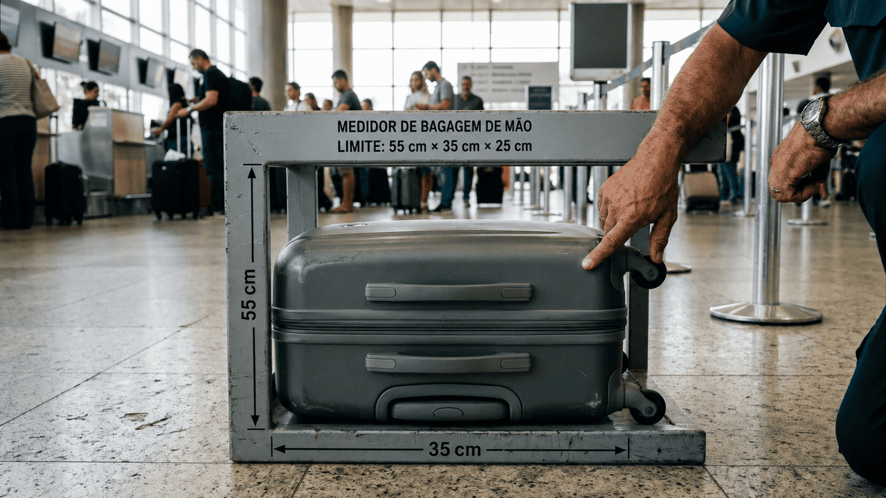 Ao embarcar em uma viagem nacional, Felipe foi impedido de levar sua mala de mão na cabine, mesmo estando dentro dos limites de peso (10 kg) e dimensões regulamentados; a empresa aérea exigiu o pagamento de taxa de despachante na porta do avião