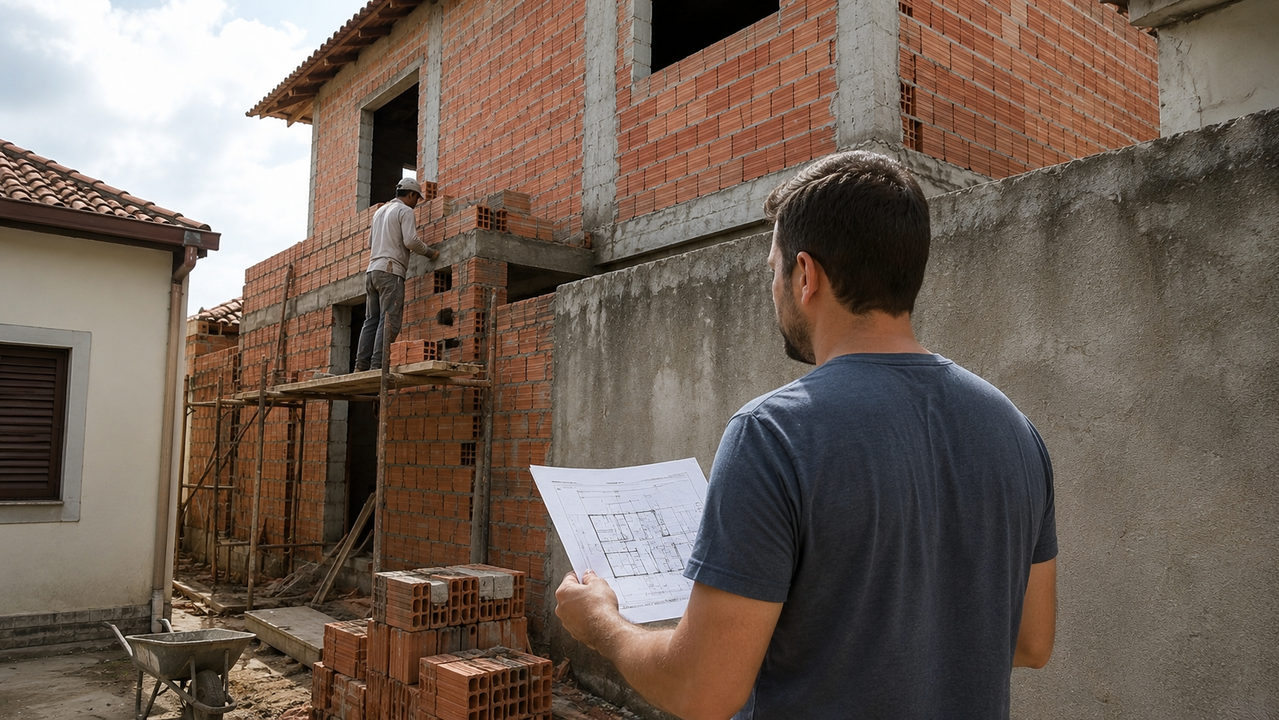 Morador constrói um segundo andar colado ao muro da divisa, cobrindo totalmente as janelas da casa ao lado e deixando a residência vizinha sem luz natural e ventilação