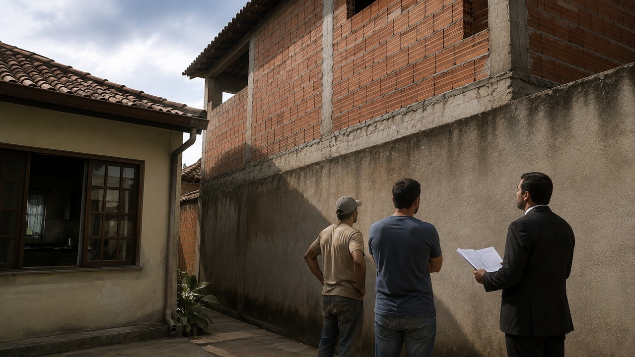 Morador constrói um segundo andar colado ao muro da divisa, cobrindo totalmente as janelas da casa ao lado e deixando a residência vizinha sem luz natural e ventilação