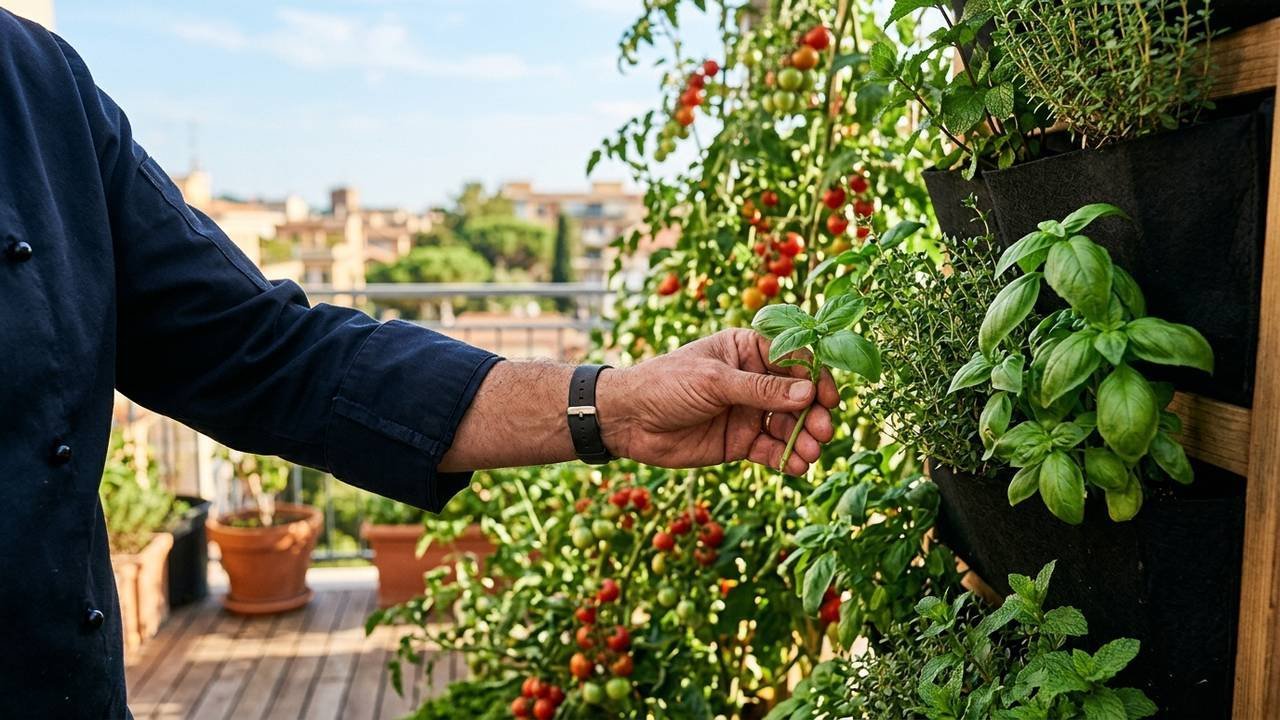 Essa horta temática de varanda inclui tomates, manjericão e orégano: de cultivo simples, o canteiro vertical enriquece o sabor dos seus pratos