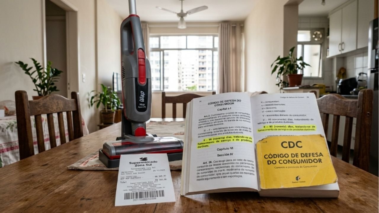 Dona de casa investe R$ 450 em mop lava e seca elétrico para facilitar a faxina, o motor entra em curto ao encher o reservatório interno no segundo dia de uso e a assistência técnica recusa o conserto alegando “infiltração por mau uso”