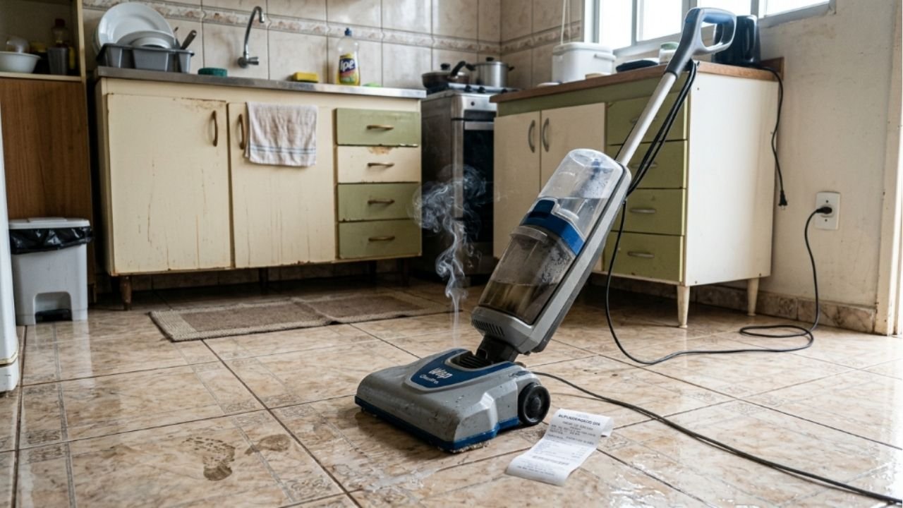 Dona de casa investe R$ 450 em mop lava e seca elétrico para facilitar a faxina, o motor entra em curto ao encher o reservatório interno no segundo dia de uso e a assistência técnica recusa o conserto alegando “infiltração por mau uso”
