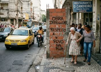 Empresário constrói uma estrutura fixa de alvenaria no meio da calçada para expor placas de preços e cardápios, estreitando a área útil de circulação para menos de 1 metro; o município emite auto de infração por ocupação irregular de logradouro público e exige a demolição do painel