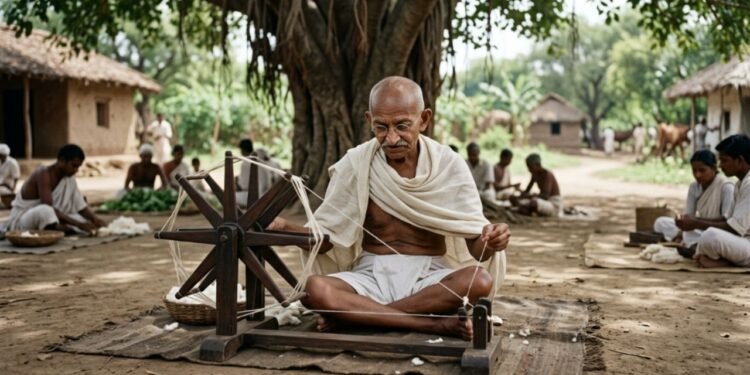 Gandhi tecia as próprias roupas de algodão cru e viajava em vagões de terceira classe para manter os pés firmes na realidade do seu povo