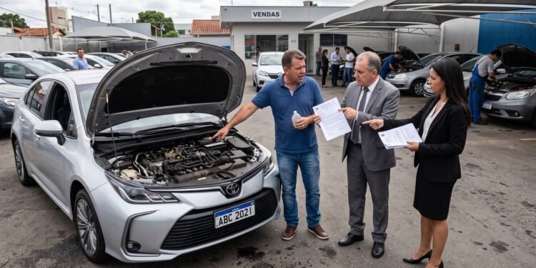 Comprador adquire sedã 2021 por R$ 82 mil em concessionária de usados e, após 45 dias, o motor funde por problema prévio na junta do cabeçote maquiado com aditivo temporário; agência alega que a garantia cobre "apenas motor e câmbio de 90 dias", mas tribunal aplica o Artigo 18 do CDC e obriga a substituição integral do motor ou devolução do valor pago