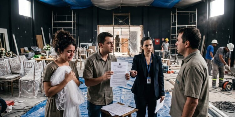 Noivos fecham festa para 200 convidados por R$ 65 mil com 1 ano de antecedência; a 48 horas do evento, o espaço cancela, alegando reforma emergencial, e oferece apenas a devolução simples do valor; noivos conseguem liminar judicial obrigando a realização no local ou pagamento de diária em espaço equivalente, sob pena de multa de R$ 100 mil
