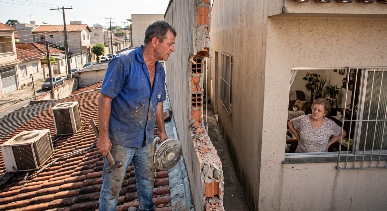 Vizinho aproveita férias do morador para abrir uma janela voltada diretamente para o quintal ao lado e altera a fachada sem aviso; na volta, proprietário questiona a obra na prefeitura e pede o fechamento da abertura irregular