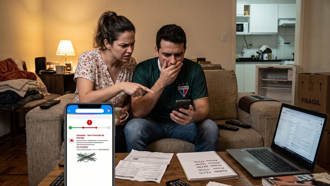 Casal compra geladeira de R$ 4.200 em e-commerce com prazo de entrega de 5 dias, mas o produto sofre atraso de mais de 40 dias, fazendo a família perder alimentos perecíveis; o Procon classifica a geladeira como bem essencial e o Juizado Especial condena a loja a entregar o eletrodoméstico em 48 horas sob pena de multa diária, além de indenização de R$ 3.000 pelos danos causados