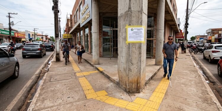 O piso tátil instalado de forma irregular em uma obra comercial de Macapá, que deixou pilastras no passeio, levou a prefeitura a notificar o empreendimento por risco aos pedestres