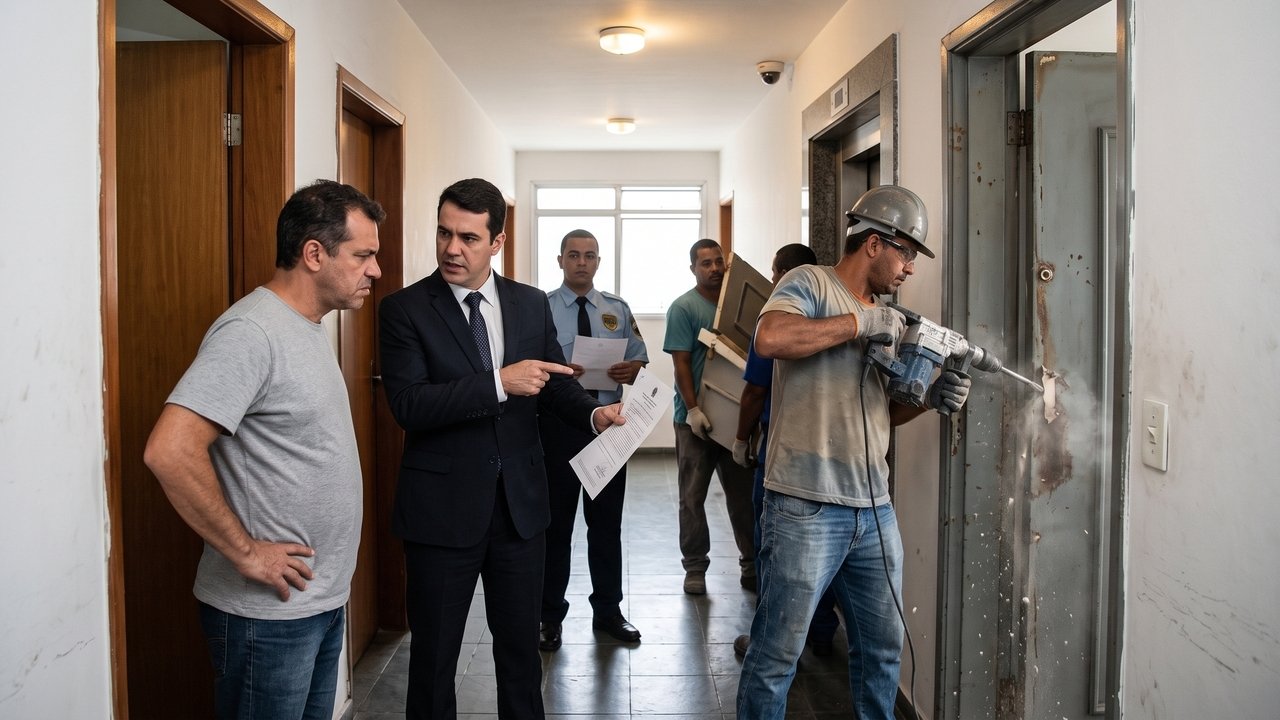 Proprietário instala uma porta blindada que abre para fora na entrada do apartamento após assaltos na região, mas o condomínio consegue liminar para a remoção porque a estrutura afunila o corredor e viola as normas de segurança e evacuação do Corpo de Bombeiros.
