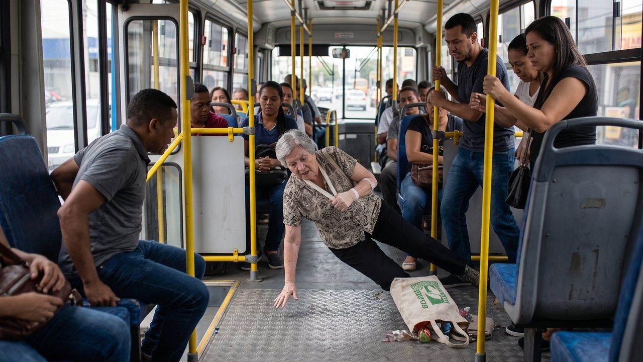 Uma passageira idosa que viajava em pé no ônibus circular cai e fratura o braço depois que o motorista freia bruscamente para não bater em um carro que cortou a sua frente. Mesmo a culpa original sendo do outro carro, o tribunal condena a empresa de ônibus a pagar os custos médicos e danos morais da passageira. Empresas de transporte têm responsabilidade objetiva e o dever de garantir que o passageiro chegue ileso ao destino. 