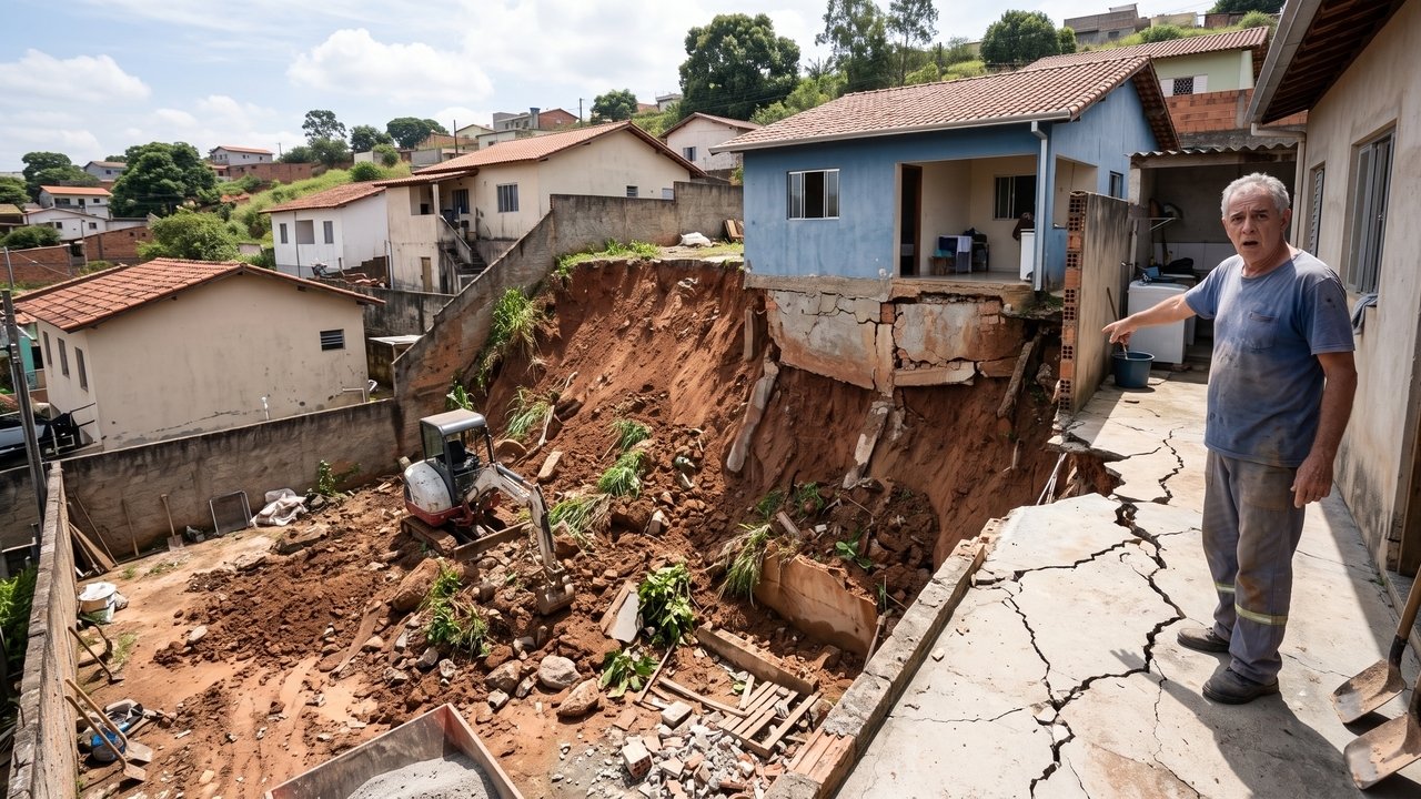 Proprietário inicia escavação junto ao muro e remove terra para ampliar a garagem sem executar contenção adequada, colocando a casa ao lado em risco: o vizinho prejudicado pede a paralisação da obra com base no Artigo 1.311 do Código Civil