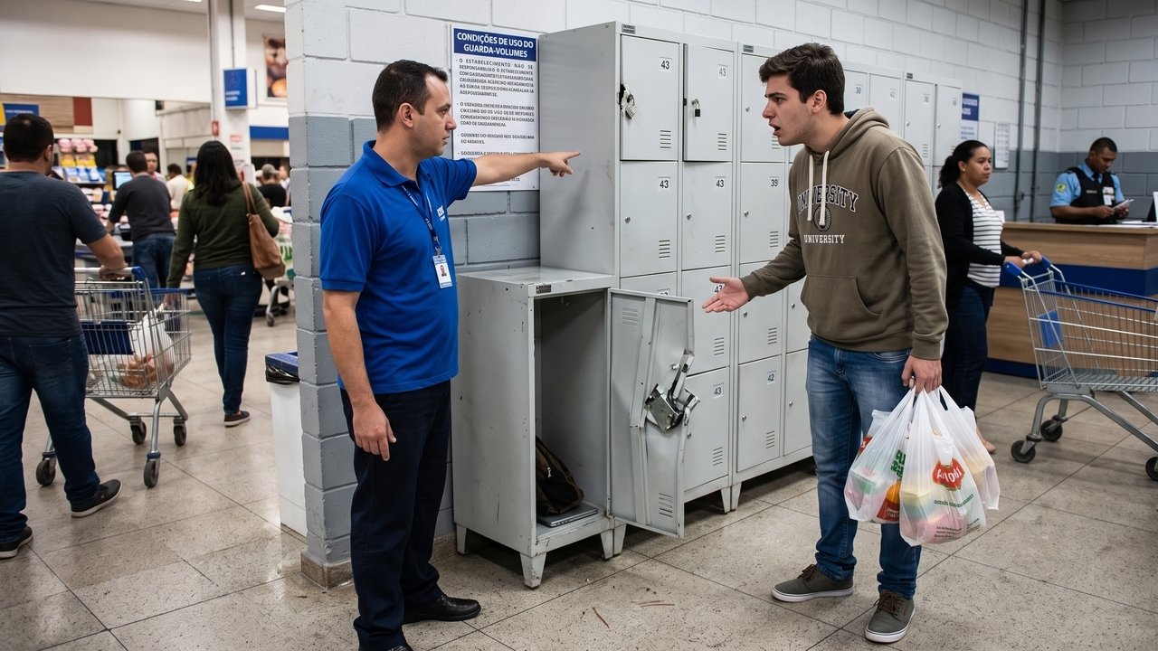 Consumidor deixa mochila no guarda-volumes do supermercado, sob a placa de que "o estabelecimento não se responsabiliza por furtos". A tranca é violada e os pertences são levados. A Justiça ignora o aviso, aplica o Código de Defesa do Consumidor e condena o mercado a ressarcir o cliente integralmente, reconhecendo o dever de guarda e segurança.