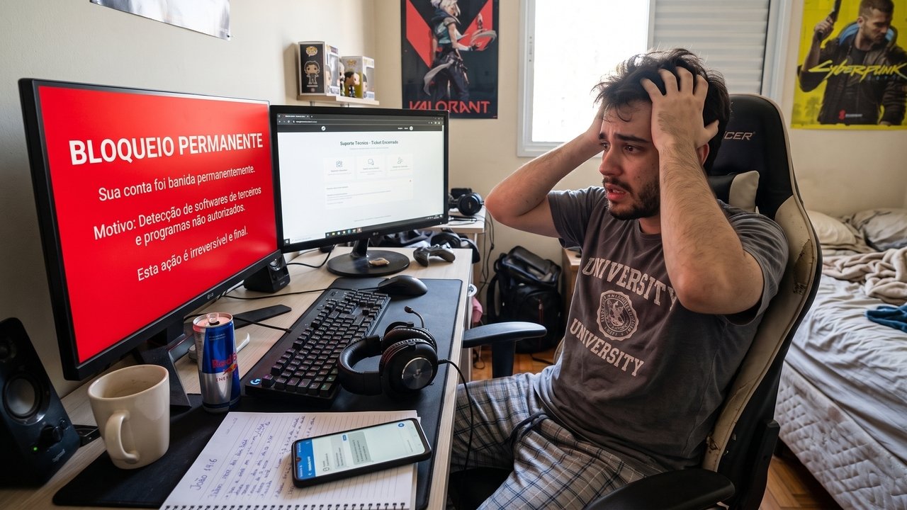 Jogador investe dinheiro real em roupas virtuais e armas dentro de um jogo online popular. Um dia, a desenvolvedora bane a conta permanentemente por suspeita de uso de hack, sem dar chance de defesa. O juiz aplica o Código de Defesa do Consumidor, obriga a empresa a devolver o acesso e condena ao pagamento de R$ 5.000 por danos morais devido ao bloqueio arbitrário.  