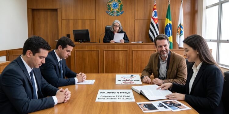 Um fotógrafo tem sua mala extraviada em uma conexão de voo e a companhia aérea tenta limitar a indenização a um teto tarifário padrão de R$ 5.000. Como a mala continha equipamentos de trabalho, a Justiça afasta esse teto, aplica o Código de Defesa do Consumidor e obriga a empresa a pagar o valor real de tudo o que foi perdido, além de lucros cessantes.
