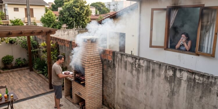 Morador constrói churrasqueira junto ao muro para aproveitar a área de lazer; a fumaça e a fuligem entram frequentemente pela janela do vizinho e deixam o cômodo ao lado impregnado de cheiro. A discussão pode terminar no Juizado Especial Cível