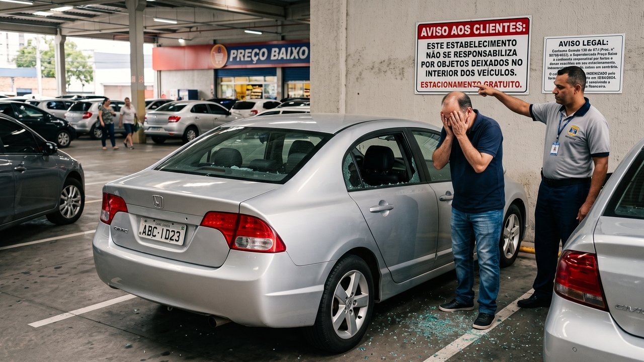 Um cliente tem o notebook furtado dentro do carro no estacionamento do supermercado. A placa na parede dizia: "Não nos responsabilizamos por objetos deixados no veículo", mas a Justiça ignora a placa e condena o mercado a pagar o prejuízo financeiro