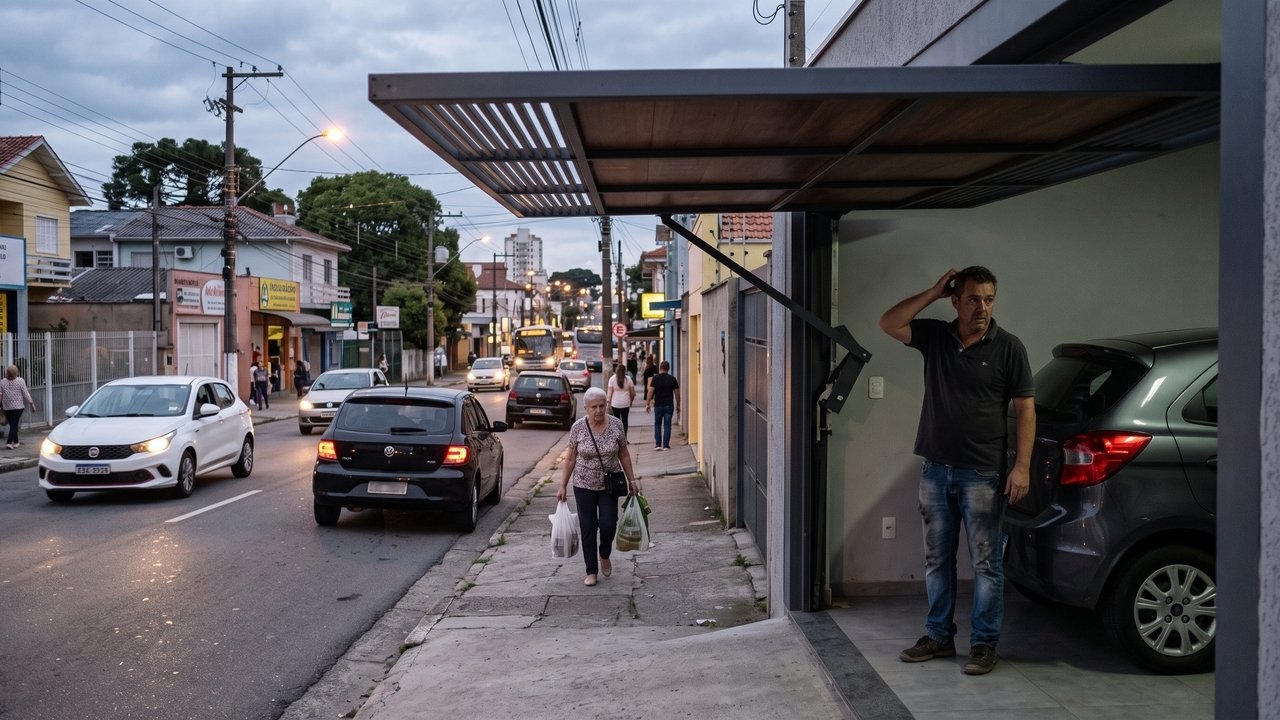 Morador instala portão eletrônico basculante que projeta 1 metro para fora da calçada ao abrir, atingindo pedestres que passam pelo local; a prefeitura aplica multa e notifica o proprietário para alterar o mecanismo de abertura por risco de acidentes.