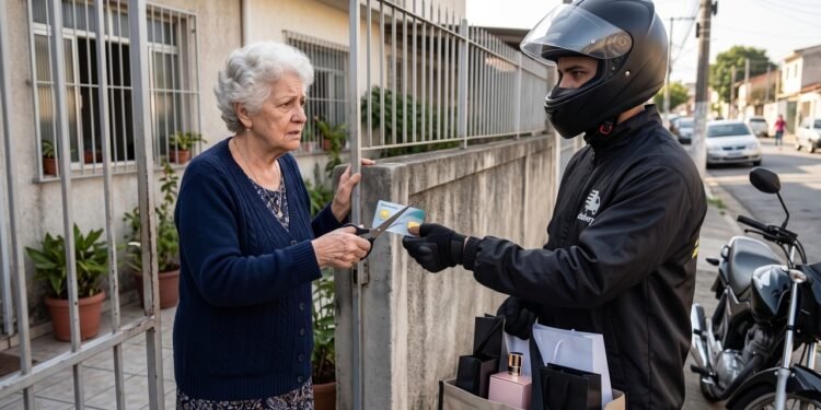 Uma idosa entrega o cartão cortado ao meio a um falso motoboy do banco após receber uma ligação fraudulenta, e o criminoso usa o chip intacto para fazer compras altas. A Justiça condena o banco a devolver o dinheiro por falha no sistema antifraude, que deveria ter bloqueado gastos fora do perfil da cliente
