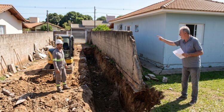 Proprietário inicia escavação junto ao muro e remove terra para ampliar a garagem sem executar contenção adequada, colocando a casa ao lado em risco: o vizinho prejudicado pede a paralisação da obra com base no Artigo 1.311 do Código Civil
