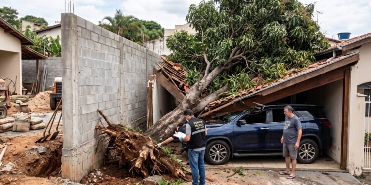 Morador constrói muro de alvenaria de 3 metros na divisa sem consultar o vizinho e corta pela metade as raízes de uma mangueira de 40 anos; árvore desestabiliza, cai sobre a garagem vizinha e esmaga um SUV de R$ 160 mil; laudo pericial comprova imperícia na escavação e condena o construtor a indenizar o veículo e a reconstrução do telhado