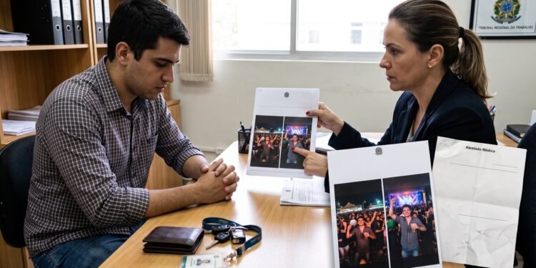 Funcionário apresenta atestado de repouso de 3 dias por "fortes dores na lombar", mas no mesmo final de semana posta stories no Instagram dançando em um show sertanejo. A empresa descobre, imprime as fotos e aplica demissão por justa causa. A Justiça do Trabalho valida a punição máxima, confirmando que mentir para justificar faltas quebra totalmente a confiança (ato de improbidade) e retira do trabalhador o direito a seguro-desemprego e saque do FGTS.