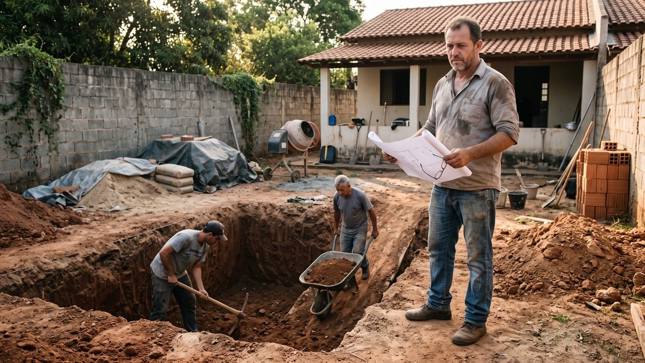 Um morador escavou o quintal para construir piscina de 15 mil litros sem engenheiro, provocando escorregamento do solo e trincando casa vizinha avaliada em R$ 380 mil; Defesa Civil interdita o local e Justiça fixa aluguel social de R$ 2.200 ao responsável