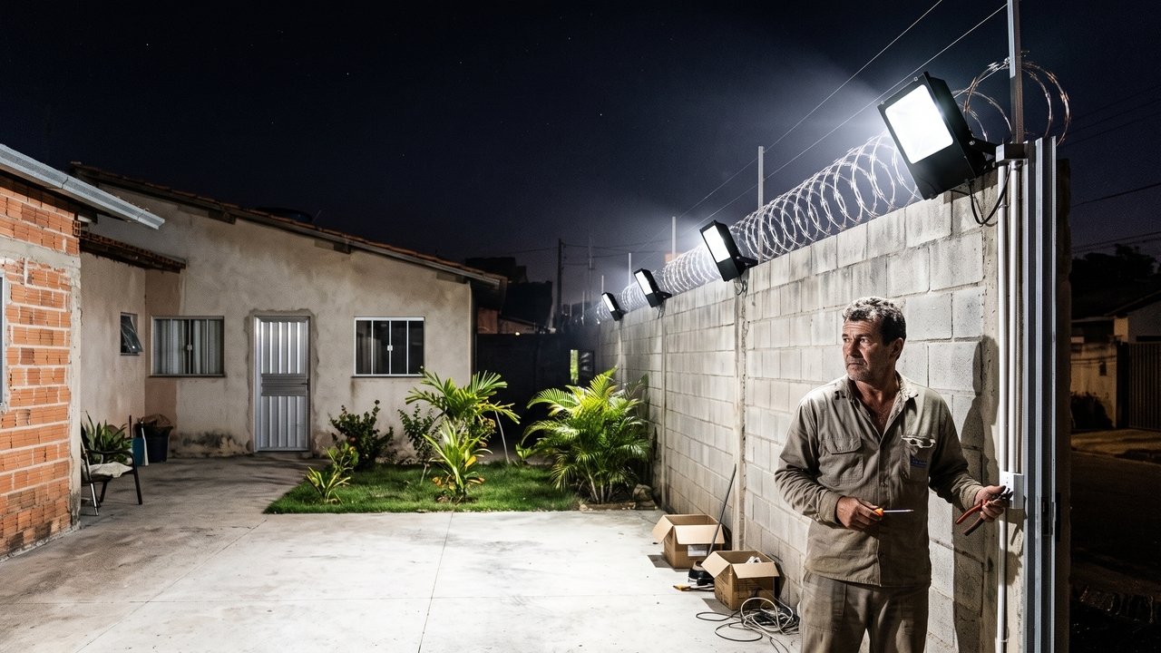 Morador instala refletor LED de alta potência no muro para aumentar a segurança da casa; o feixe atravessa todas as noites a janela do vizinho e mantém o quarto ao lado completamente iluminado. O conflito pode chegar ao Juizado Especial Cível