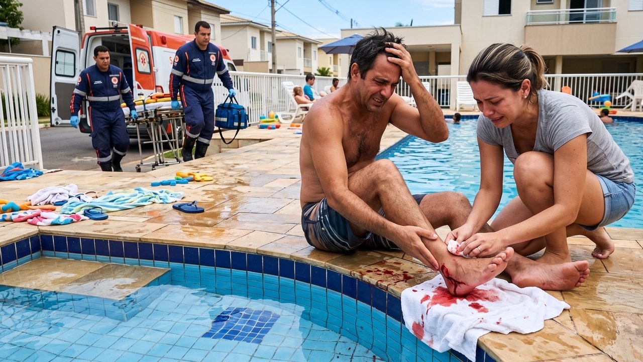 Morador usa a piscina do condomínio e sofre um corte profundo no pé devido a um azulejo quebrado no fundo, precisando de pontos e afastamento temporário do trabalho. O condomínio é condenado a cobrir todos os custos médicos, lucros cessantes e danos morais, respondendo civilmente pela negligência e omissão na manutenção segura das áreas de lazer coletivas.