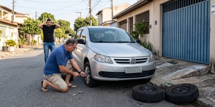 Motorista estaciona em frente a uma rampa de garagem rebaixada irregularmente; morador fura os quatro pneus do veículo avaliados em R$ 1.600, como retaliação; Justiça condena o morador a pagar pneus novos ao infrator por exercício arbitrário das próprias razões.
