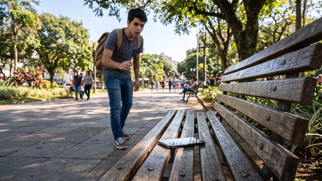 Uma pessoa encontra um celular de última geração esquecido no banco da praça, leva para casa, formata o aparelho e começa a usar. A polícia rastreia o celular e a pessoa responde criminalmente. Pela lei, quem acha um objeto perdido tem 15 dias para devolvê-lo ao dono ou entregá-lo à autoridade; caso contrário, comete o crime de apropriação de coisa achada