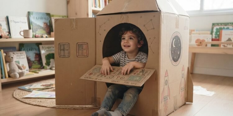 Uma simples caixa de papelão pode ensinar mais sobre imaginação do que muito brinquedo pronto — quando ela vira carro, casa ou foguete, a brincadeira muda completamente